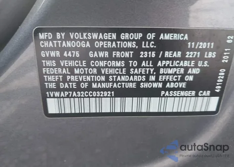 2012 Volkswagen Passat 2.5L S from USA, damaged, VIN 1VWAP7A32CC032921